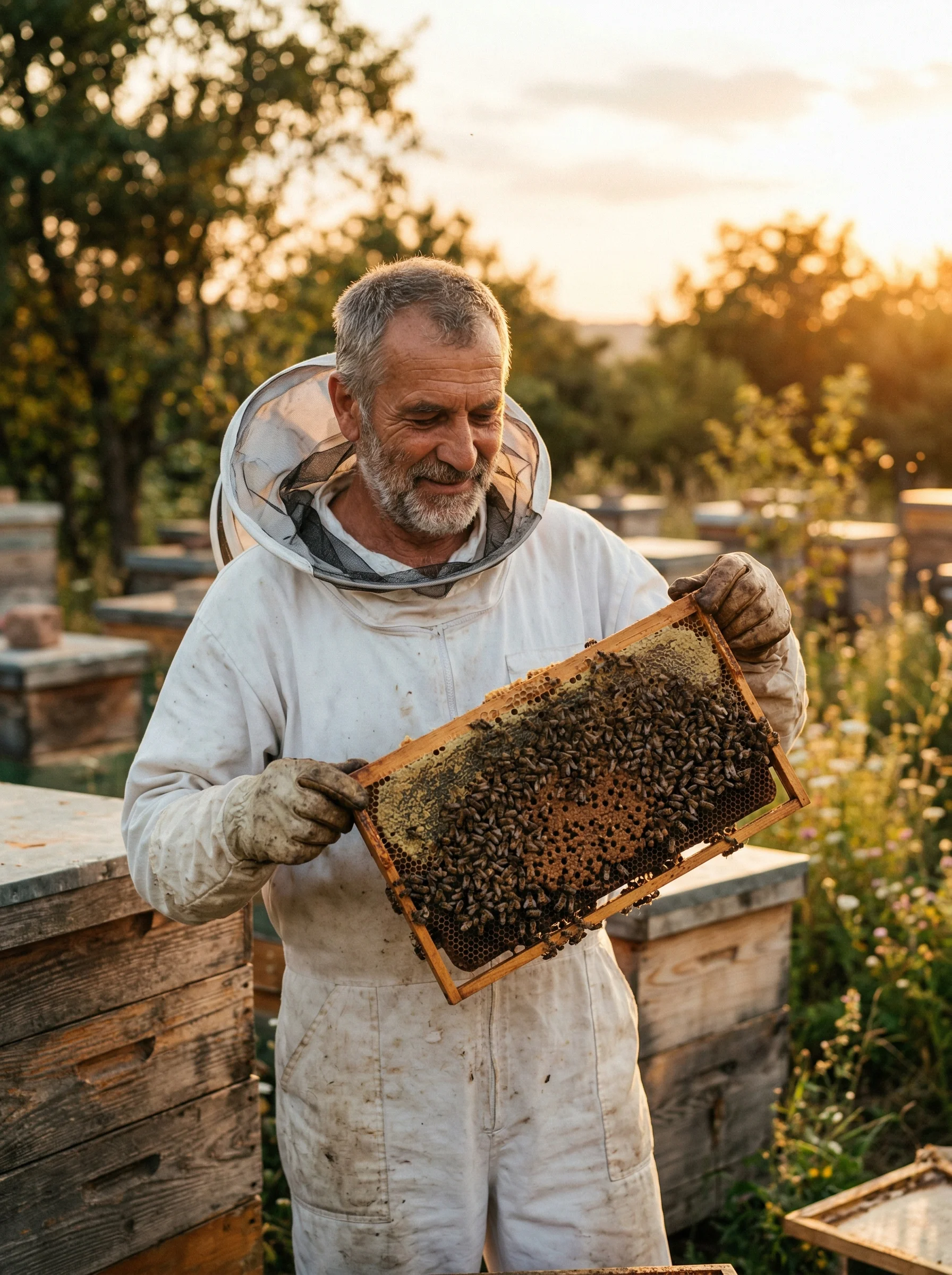 Doświadczony pszczelarz podczas przeglądu rodziny pszczelej