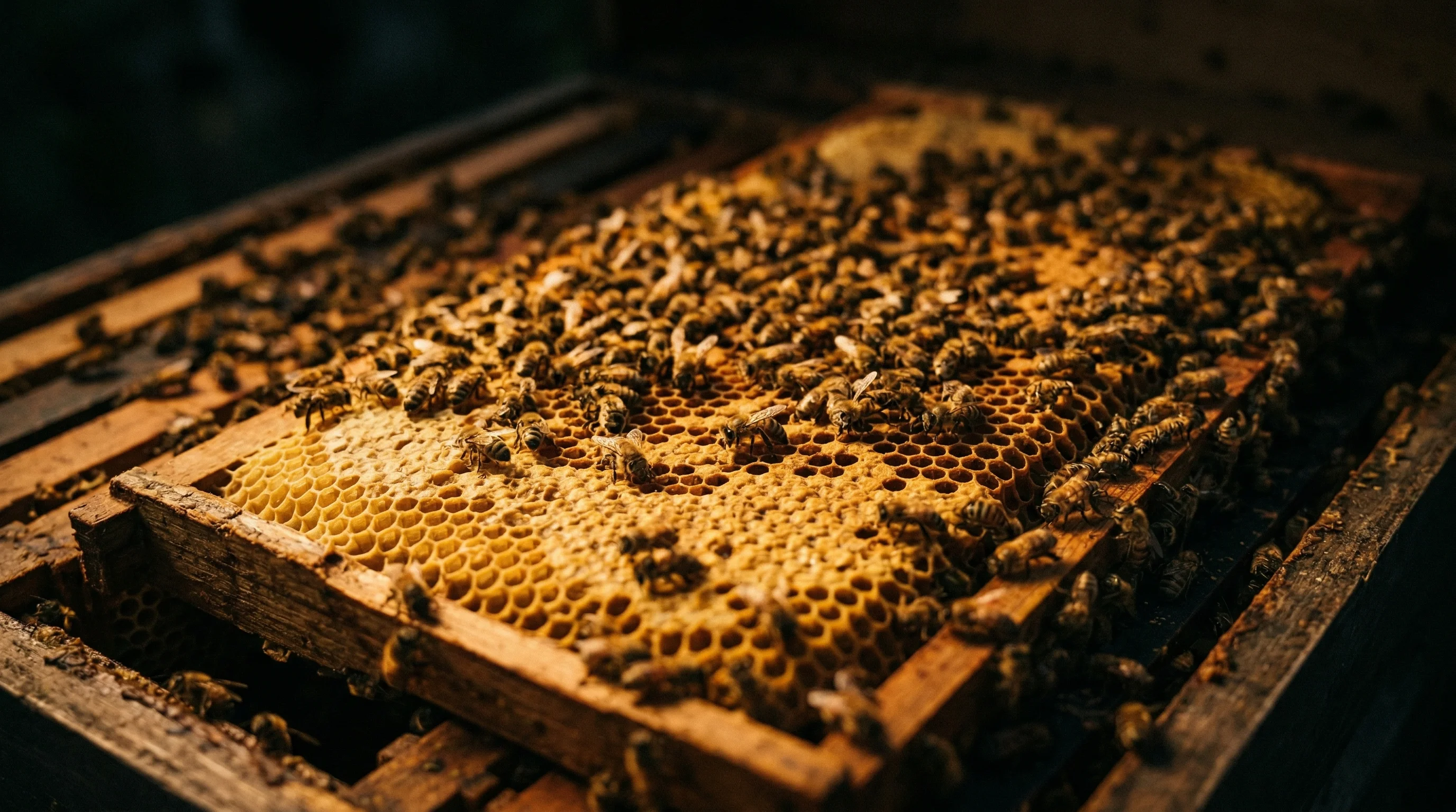 Rozwinięta rodzina pszczela na ramkach pełnych miodu